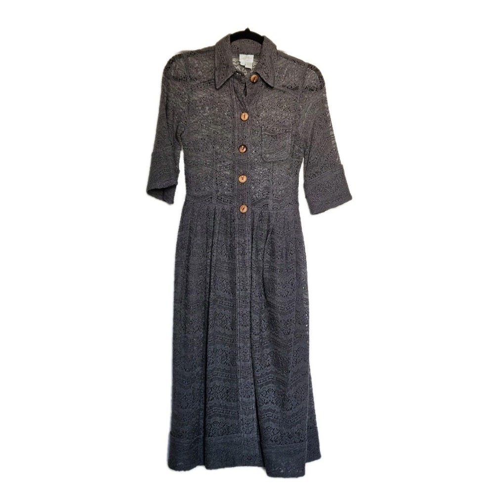 Vtg Tracy Reese New York Grey Silk Knit Lace Bell Sleeve Fit & Flare Dress S